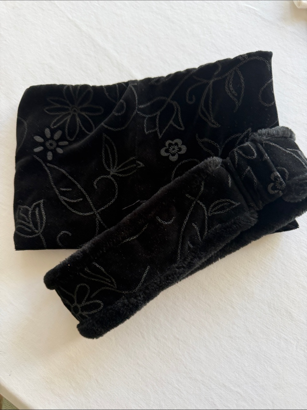 Black Floral Velvet Headwrap and Ear Warmer Set - Soft Winter Scarf
